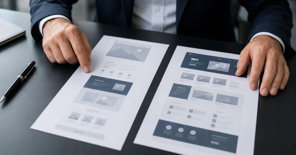 Empresário comparando landing page ou site institucional na mesa