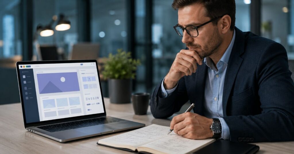 Empresário avaliando ter site próprio versus alugar de plataforma