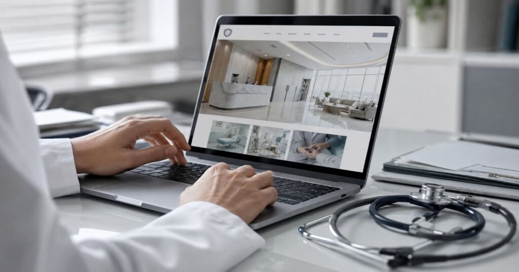 Médica revisando o site para clínica médica em conformidade com o CFM