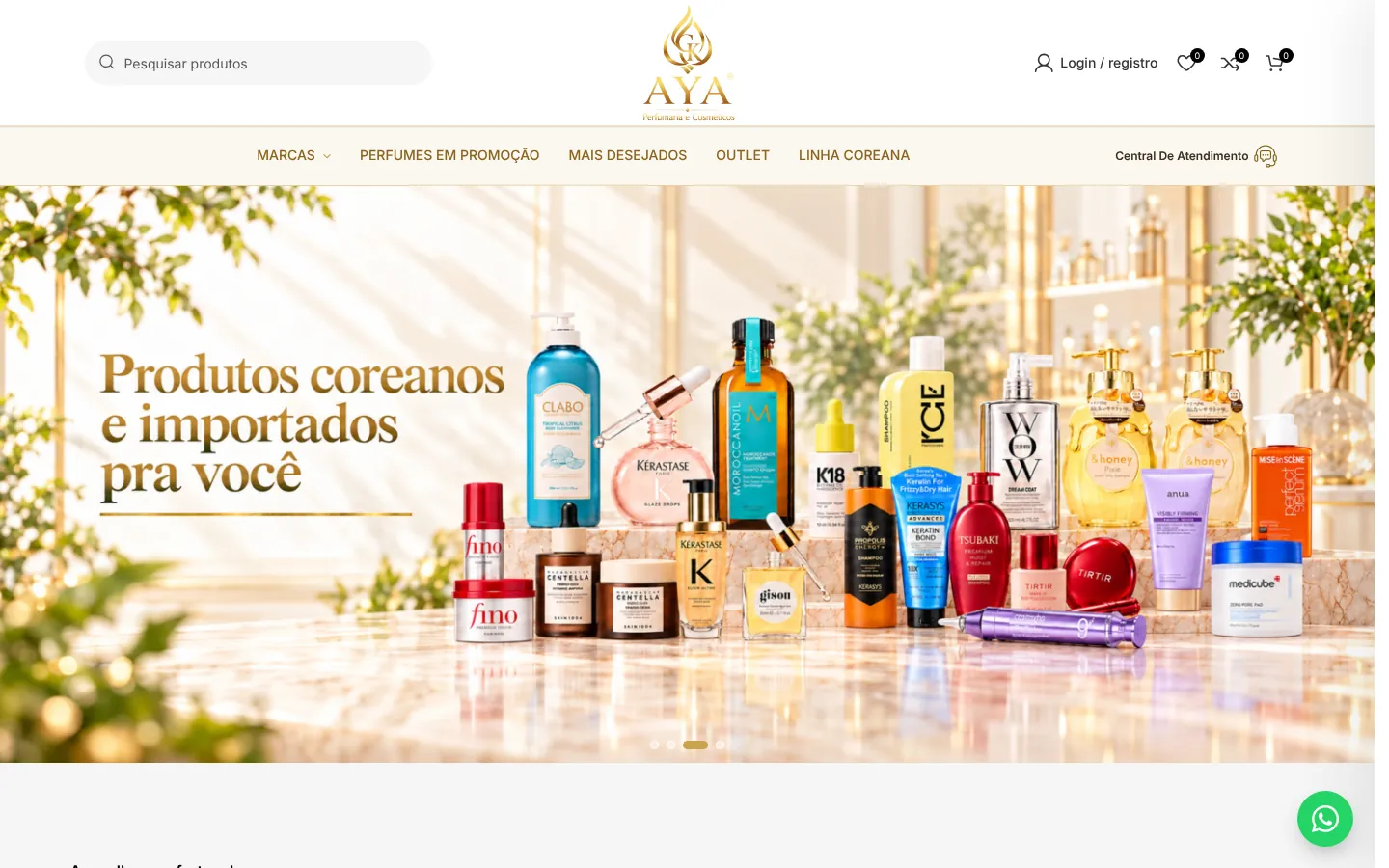 Página inicial da loja AYA Perfumaria no computador, com busca, menu por marcas e banner de produtos coreanos e importados