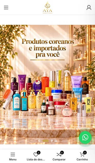 A página inicial da AYA Perfumaria no celular