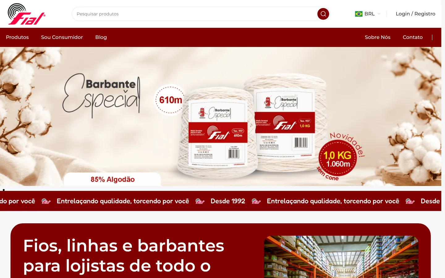 Página inicial da loja da Fial no computador, com busca de produtos e banner do barbante especial