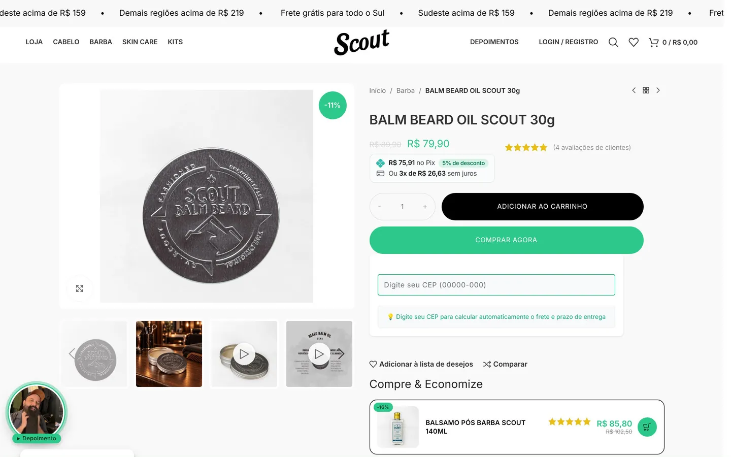 Página de produto da loja Scout no computador, com preço no Pix, frete pelo CEP, sugestão de produtos e depoimento em vídeo