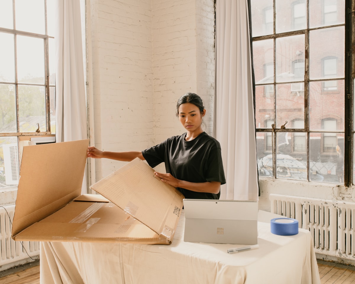 Lojista embalando pedido de e-commerce ao lado do notebook
